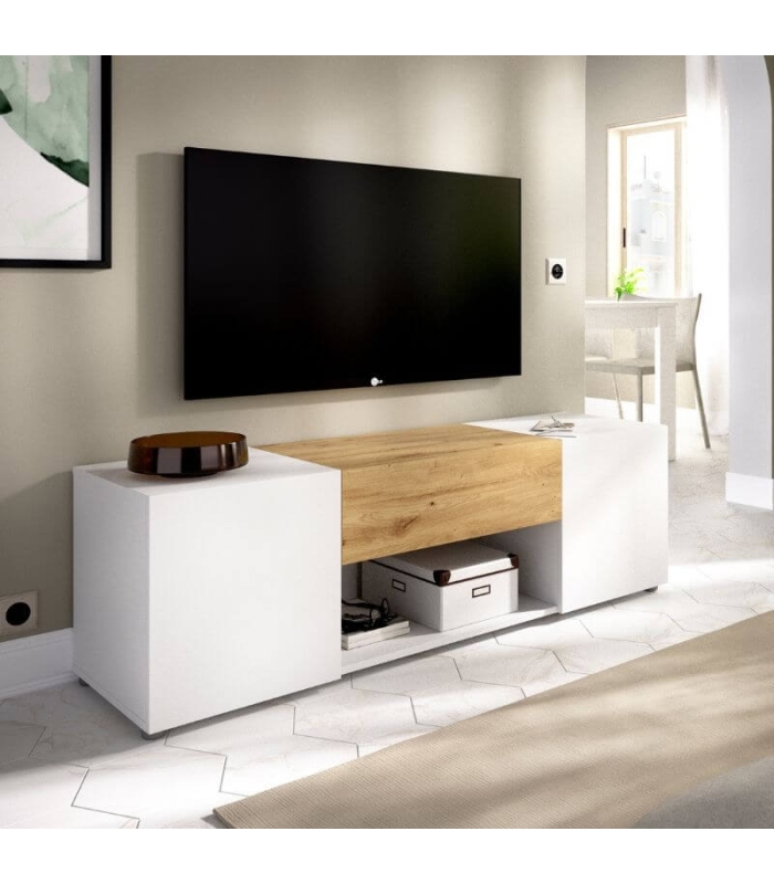 Mueble TV Kuo en color blanco y nordic con 2 puertas, 1 cajón y 1 hueco visto