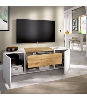 Mueble TV Kuo en color blanco y nordic con 2 puertas, 1 cajón y 1 hueco visto