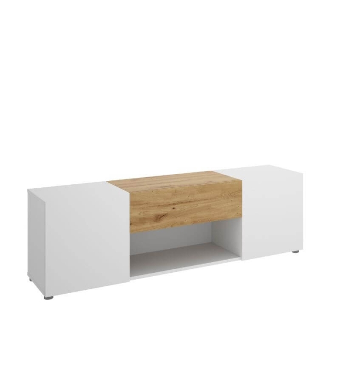 Mueble TV Kuo en color blanco y nordic con 2 puertas, 1 cajón y 1 hueco visto