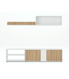 Mueble de Salón Ecco Blanco Artik y Natur formado por módulo inferior con 2 puertas y 2 huecos, módulo superior y estante