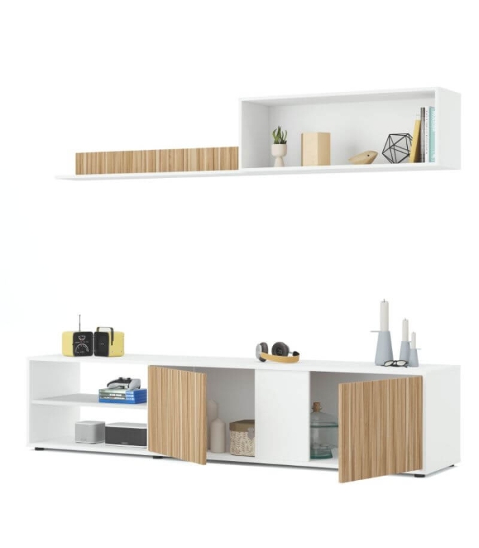 Mueble de Salón Ecco Blanco Artik y Natur formado por módulo inferior con 2 puertas y 2 huecos, módulo superior y estante