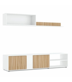 Mueble de Salón Ecco Blanco Artik y Natur formado por módulo inferior con 2 puertas y 2 huecos, módulo superior y estante