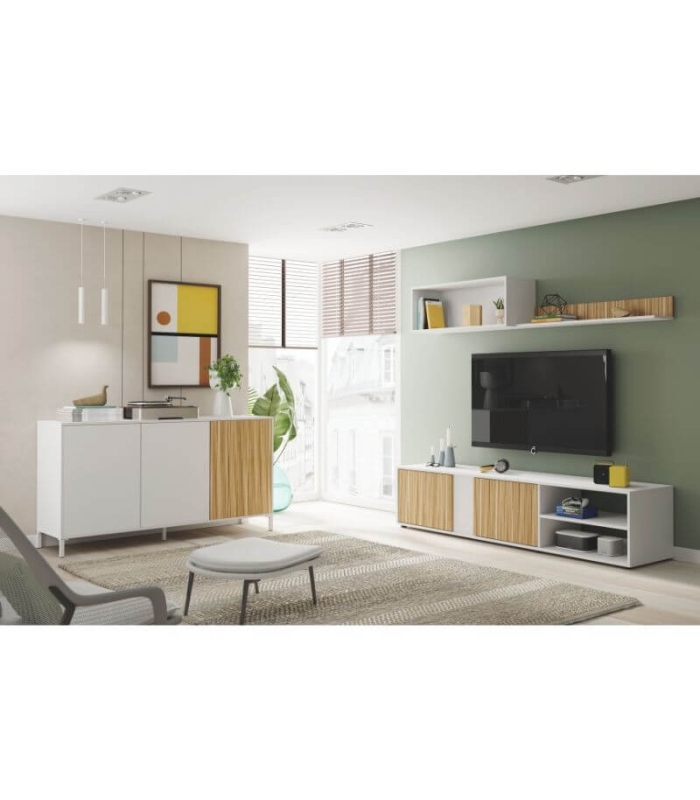 Mueble de Salón Ecco Blanco Artik y Natur formado por módulo inferior con 2 puertas y 2 huecos, módulo superior y estante