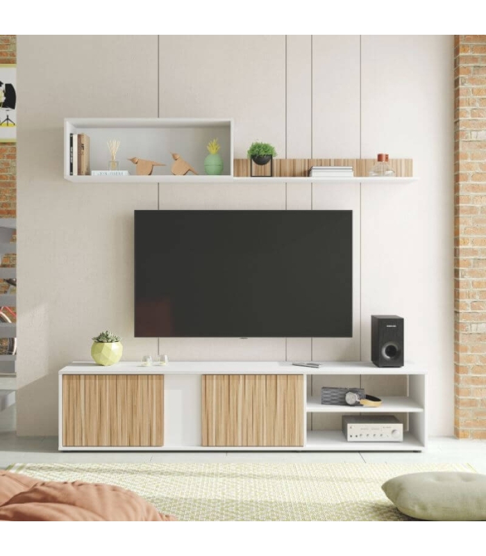 Mueble de Salón Ecco Blanco Artik y Natur formado por módulo inferior con 2 puertas y 2 huecos, módulo superior y estante