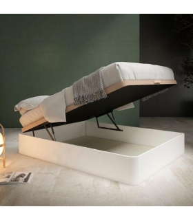 Canapé alta capacidad con tirador de madera natural 135x190 blanco y tapa 3D transpirable color beige