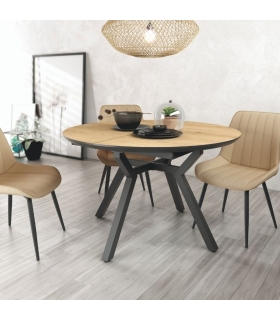 Mesa de comedor extensible Cantábrico cerrada diseño nórdico, mesa barata. 120-130 cm de diámetro. Sayez