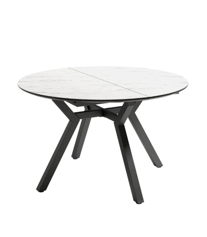 Mesa de comedor extensible Cantábrico acabado color Carrara patas negras, diseño industrial, mesa barata. Sayez