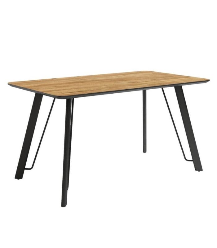Mesa de comedor fija Caspio acabado color Mango patas negras, diseño nórdico e industrial, mesa barata. Sayez