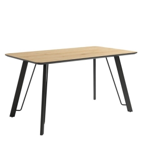 Mesa de comedor fija Caspio acabado color Roble patas negras, diseño nórdico e industrial, mesa barata. Sayez
