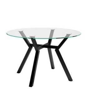 Mesa comedor o cocina redonda Alborán de cristal de 120 cm de diámetro y patas metálicas negras