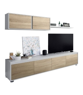 Mueble de Salón Alida Mediterráneo Blanco Artik y Roble Canadian. Módulo TV, módulo superior y estante.
