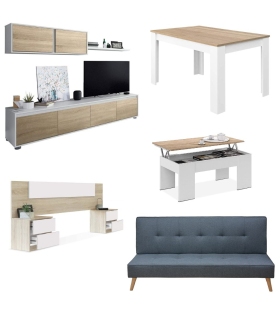 Pack con mueble salón y estante superior, mesa de centro, cabezal, mesa comedor extensible y sofá cama
