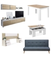 Pack con mueble salón y estante superior, mesa de centro, cabezal, mesa comedor extensible y sofá cama