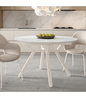 Mesa Comedor Extensible Ross Porcelánica 120 Cm, Acabado sobre Carrara y patas Marfil,en ambiente |SAYEZ|