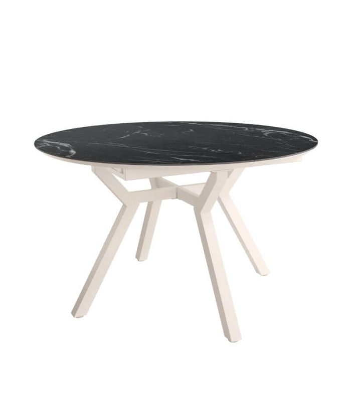 Mesa Comedor Extensible Ross Porcelánica 120 Cm, Acabado sobre Marquina y patas Marfil|SAYEZ|