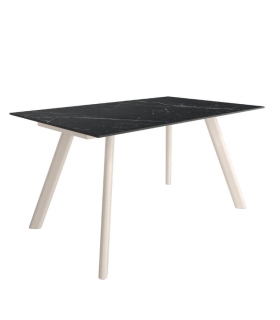 Mesa Comedor Fija Omán Porcelánica 160 Cm, Acabado sobre Marquina y patas Marfil |SAYEZ|