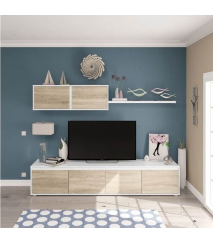Salón Alida Mediterráneo Blanco Artik y Roble Canadian 200 cm, en ambiente |SAYEZ|