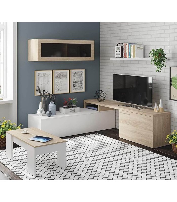 Mesa Centro Elevable Mediterráneo Roble Canadian y Blanco Artik 100 cm, en ambiente |SAYEZ|