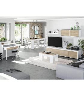 Mesa Centro Elevable Mediterráneo Roble Canadian y Blanco Artik 100 cm, en ambiente |SAYEZ|
