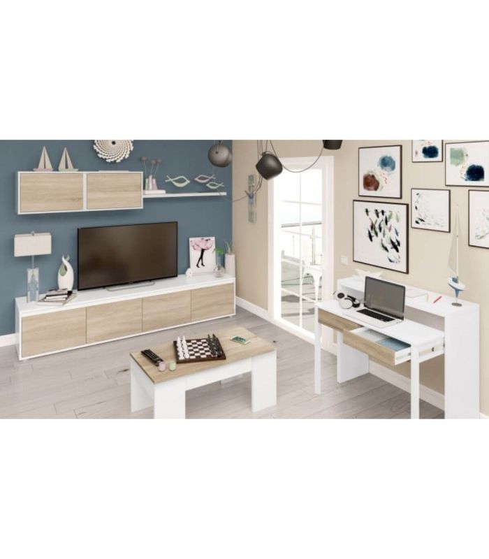 Mesa Centro Elevable Mediterráneo Roble Canadian y Blanco Artik 100 cm, en ambiente |SAYEZ|
