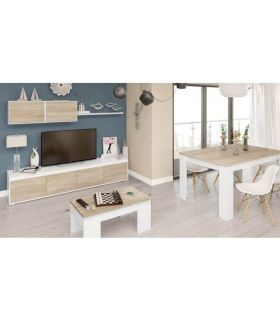 Mesa Centro Elevable Mediterráneo Roble Canadian y Blanco Artik 100 cm, en ambiente |SAYEZ|