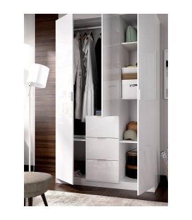 Armario blanco brillo con tres puertas y tres contenedores, en ambiente |SAYEZ|