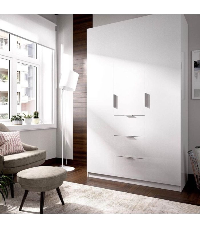 Armario blanco brillo con tres puertas y tres contenedores, en ambiente |SAYEZ|