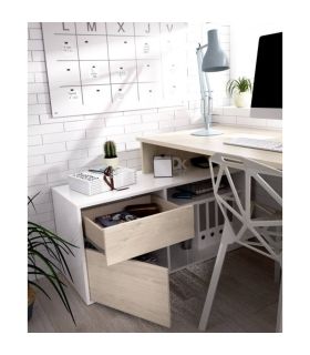 Mesa de escritorio con cajonera y estante Blanco Brillo y Natural, en ambiente |SAYEZ|