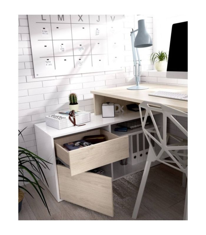 Mesa de escritorio con cajonera y estante Blanco Brillo y Natural, en ambiente |SAYEZ|