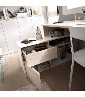 Mesa de escritorio con cajonera y estante Blanco Brillo y Natural, en ambiente |SAYEZ|