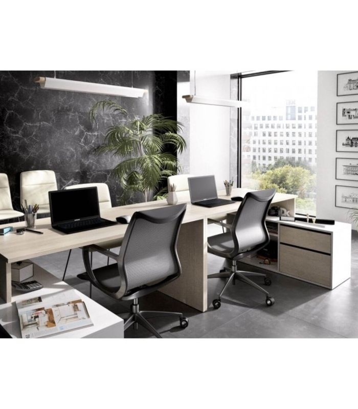 Mesa de escritorio con cajonera y estante Blanco Brillo y Natural, en ambiente |SAYEZ|