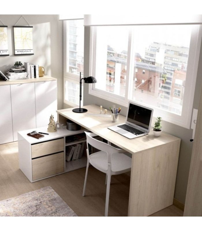 Mesa de escritorio con cajonera y estante Blanco Brillo y Natural, en ambiente |SAYEZ|