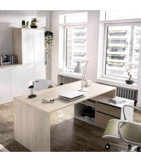 Mesa de escritorio con cajonera y estante Blanco Brillo y Natural, en ambiente |SAYEZ|