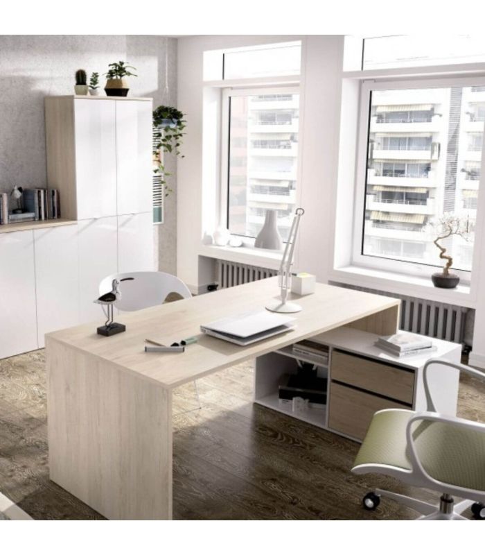 Mesa de escritorio con cajonera y estante Blanco Brillo y Natural, en ambiente |SAYEZ|