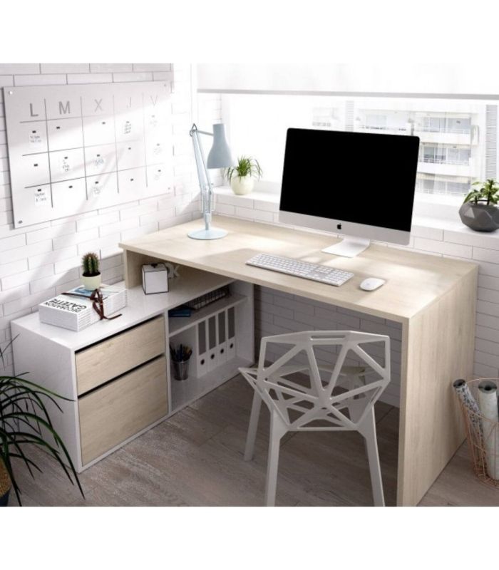 Mesa de escritorio con cajonera y estante Blanco Brillo y Natural, en ambiente |SAYEZ|