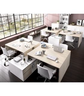 Mesa de escritorio con cajonera y estante Blanco Brillo y Natural, en ambiente |SAYEZ|