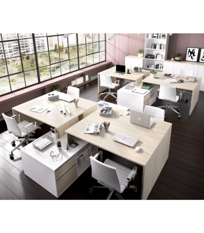 Mesa de escritorio con cajonera y estante Blanco Brillo y Natural, en ambiente |SAYEZ|