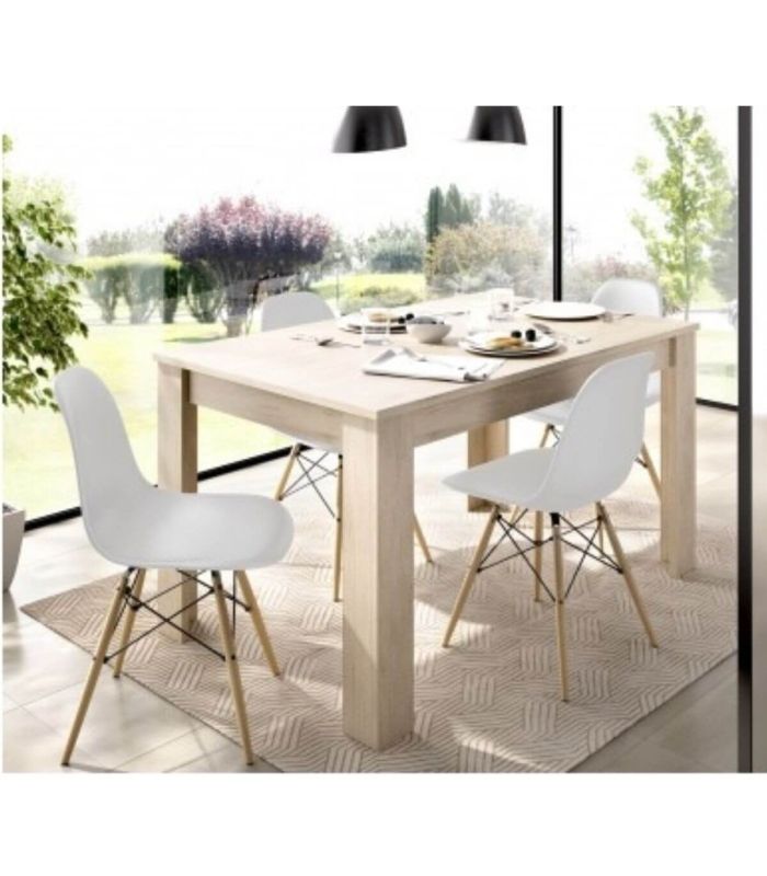 Conjunto Mesa Ness Natural y 4 sillas Tower Blancas, en ambiente |SAYEZ|