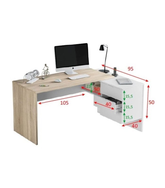 Mesa escritorio con cajonera y estante Blanco y Roble Canadian |SAYEZ|