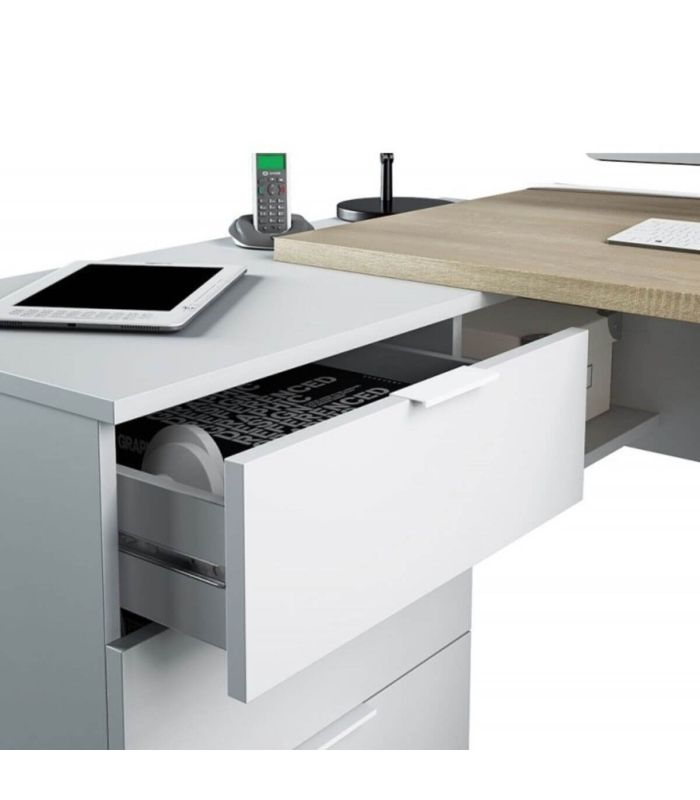 Mesa escritorio con cajonera y estante Blanco y Roble Canadian |SAYEZ|