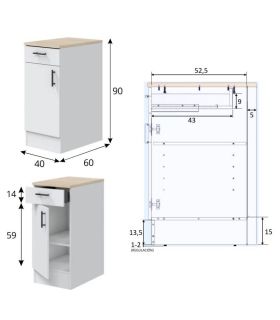 Conjunto Muebles Cocina 400 cm NOVA, Mueble Bajo 1 puerta 1 cajón | SAYEZ |