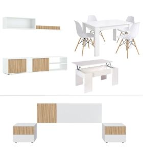 Piso completo Ethna, mueble Salon Ecco, mesa extensible Bass, mesa centro Gala, 4 sillas Tower, cabezal con mesitas Ethna|SAYEZ|