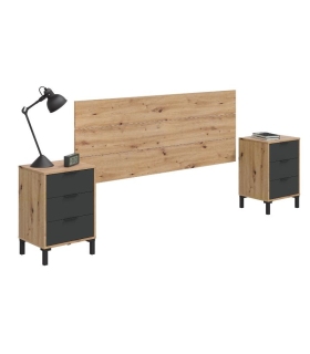 Piso Completo Nodi con Sofá Cama Unai, Cabecero y mesitas con 3 cajones Enzo en Roble Nodi y Gris Antracita |SAYEZ|