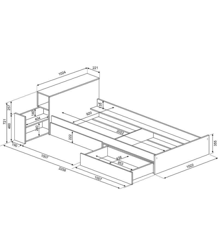Cama con Cajones y Cabecero con Mesita Extraible Jazz Cascina y Blanco90x200cm, Medidas |SAYEZ|