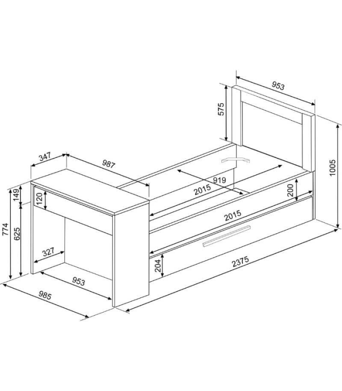 Cama Nido con Escritorio Shipley Cascina y Sombra 90x200cm, medidas |SAYEZ|