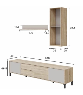 Mueble de Televisión Combi 3 puertas y 2 cajones 200cm, medidas |SAYEZ|