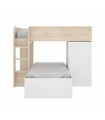 Cama Tren Move Blanco y Natural en L, abierta, 2 cajones y 1 armario con barra de colgar, reversible, barata, Sayez