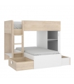 Cama Tren Move Blanco y Natural en L, abierta, 2 cajones y 1 armario con barra de colgar, reversible, barata, Sayez