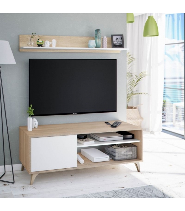 Mueble de Tv con estante Kikua Plus acabado Roble Canadian y Blanco Artik. Mueble tv 1 puerta 2 huecos.  Sayez