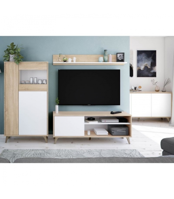 Mueble de Tv con estante Kikua Plus acabado Roble Canadian y Blanco Artik. Mueble tv 1 puerta 2 huecos. Sayez